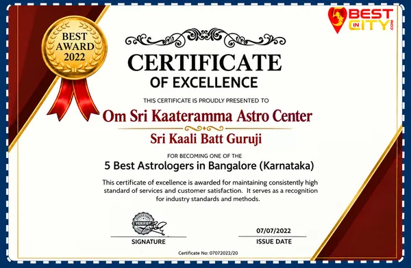 Certificate of Excellence: one of the 5 best astrologers in Bangalore (Karnataka), BestInCity.com, 2022