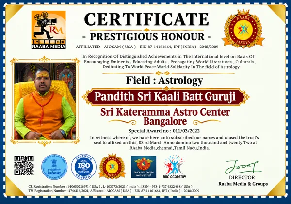 Prestigious Honour, special award in the field of astrology, Raaba Media & Groups, Chennai, 2022
