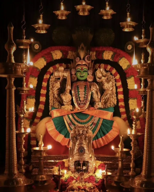 Sri Kateramma Devi decorated with flowers, with brass oil lamps lit around her