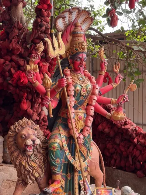 Red Kali Devi statue with her lion under a tree tied with offerings